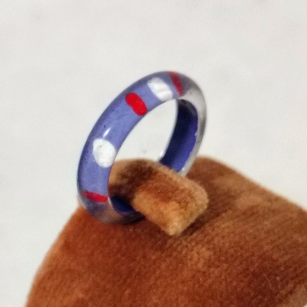 Vintage Acrylic Ring Band Blue Red White Polka Dot Size 6 Retro Nostalgia Stack